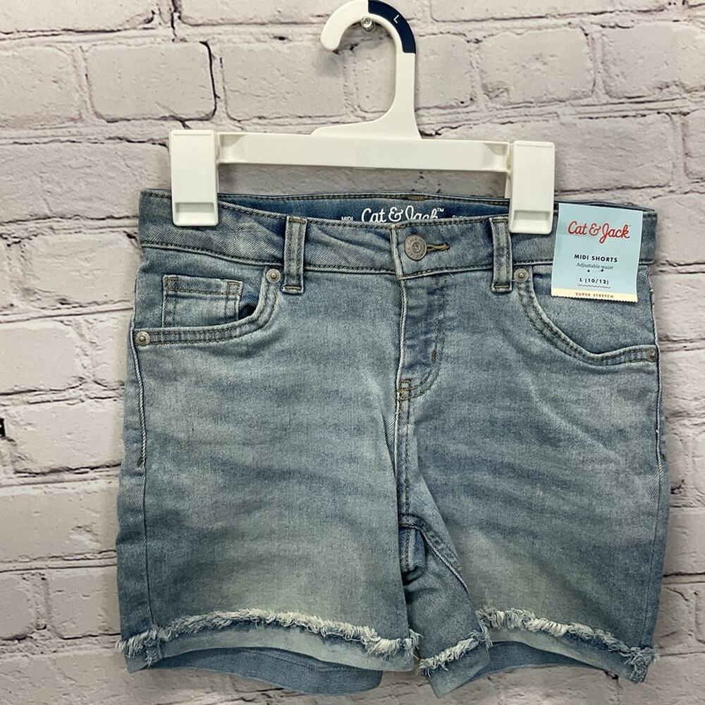 Cat & Jack Jean Shorts Girls Size L (10/12) Midi Super Stretch Fraying Beachy